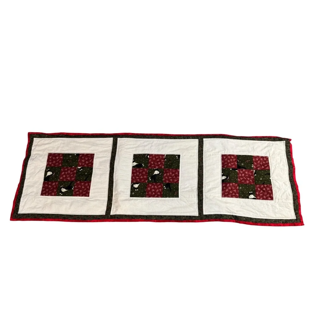 Handmade Quilted Christmas Table Runner Tuxedo Cat Holiday Decor Red Green 50x15